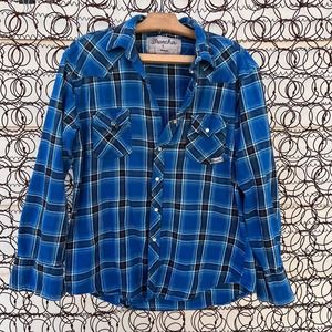 Wrangler Wrancher blue plaid flannel shirt shacket